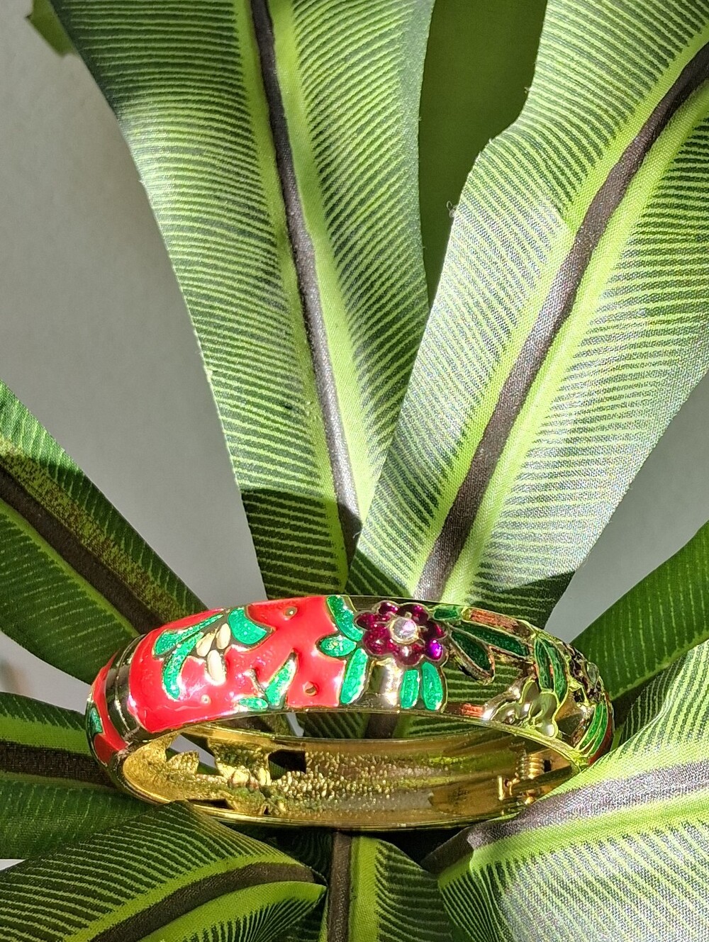 Gold-Tone Floral Enamel Bangle Bracelet